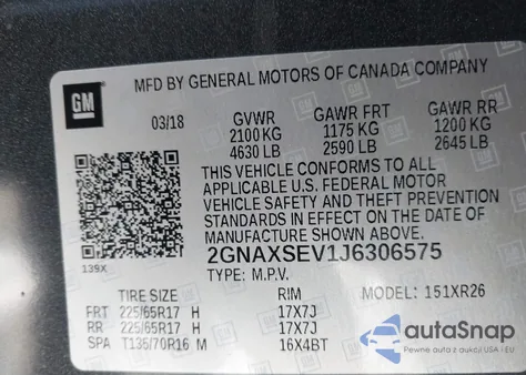 2018 Chevrolet Equinox Lt from USA, damaged, VIN 2GNAXSEV1J6306575